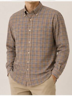 Hathaway Platinum Men's Casual Button-Down Plaid Shirt in Tan and Blue